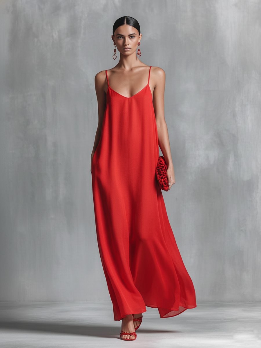 Flowy red V-neck spaghetti strap maxi dress for women, ideal resort wear or stylish summer evening attire.