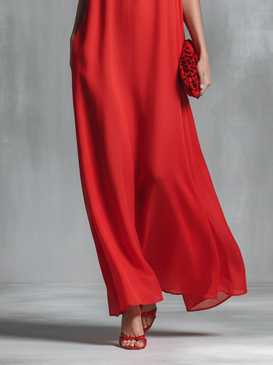 Stylish women's red V-neck spaghetti strap maxi dress, an elegant choice for any summer or evening event.