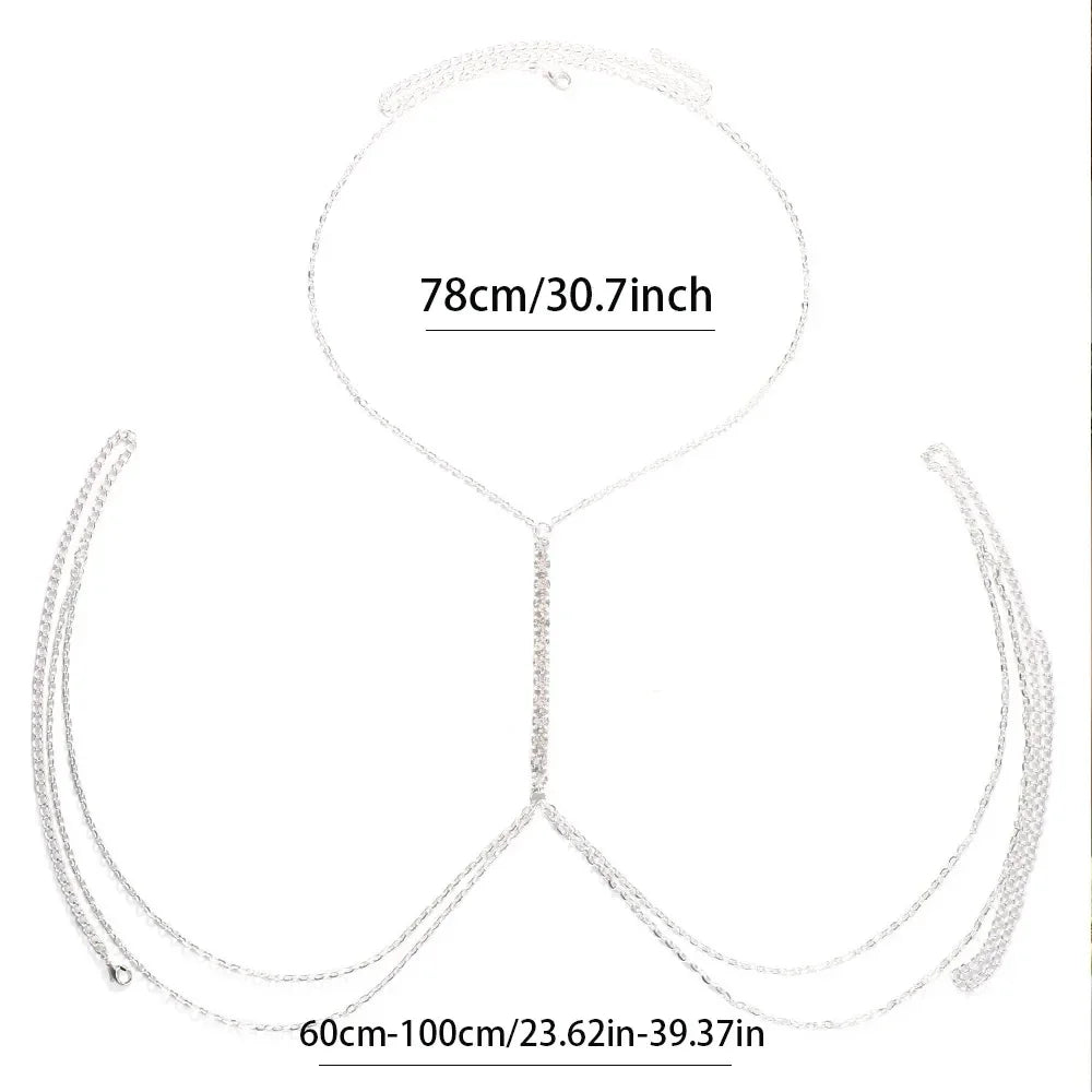 Fashionable women's silver rhinestone chest chain, a dazzling body necklace for special occasions.