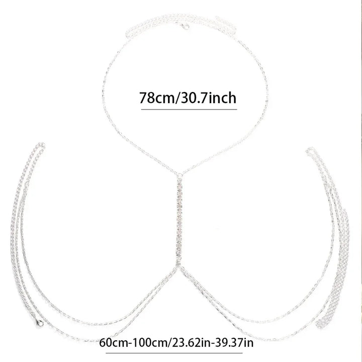 Fashionable women's silver rhinestone chest chain, a dazzling body necklace for special occasions.