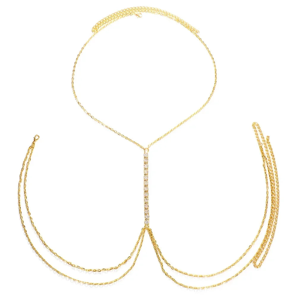 Luxurious gold body jewelry: women's rhinestone chest chain necklace, elegant and eye-catching.