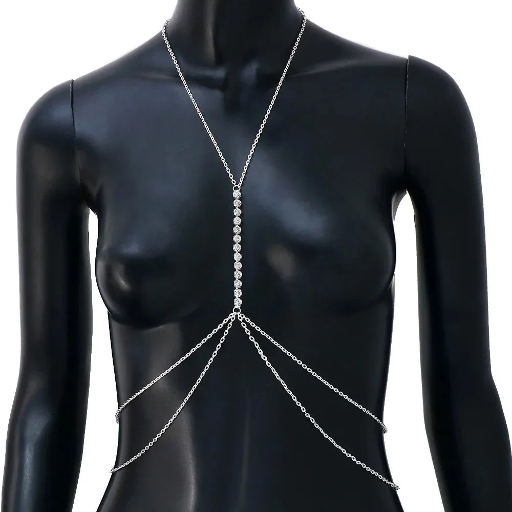 Chic women's rhinestone chest chain, a shimmering silver body necklace designed to drape beautifully.