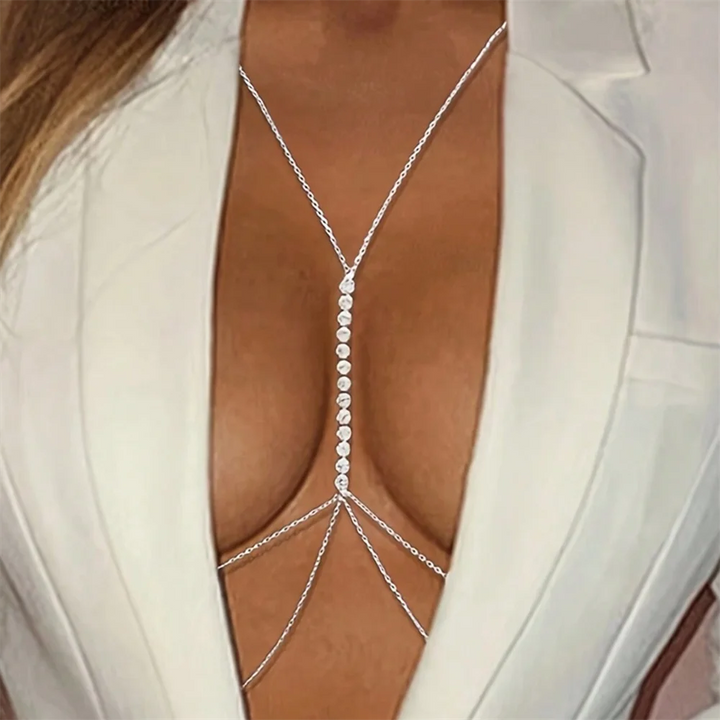 Elegant women's rhinestone chest necklace in silver, a glamorous statement body chain with dazzling sparkle.