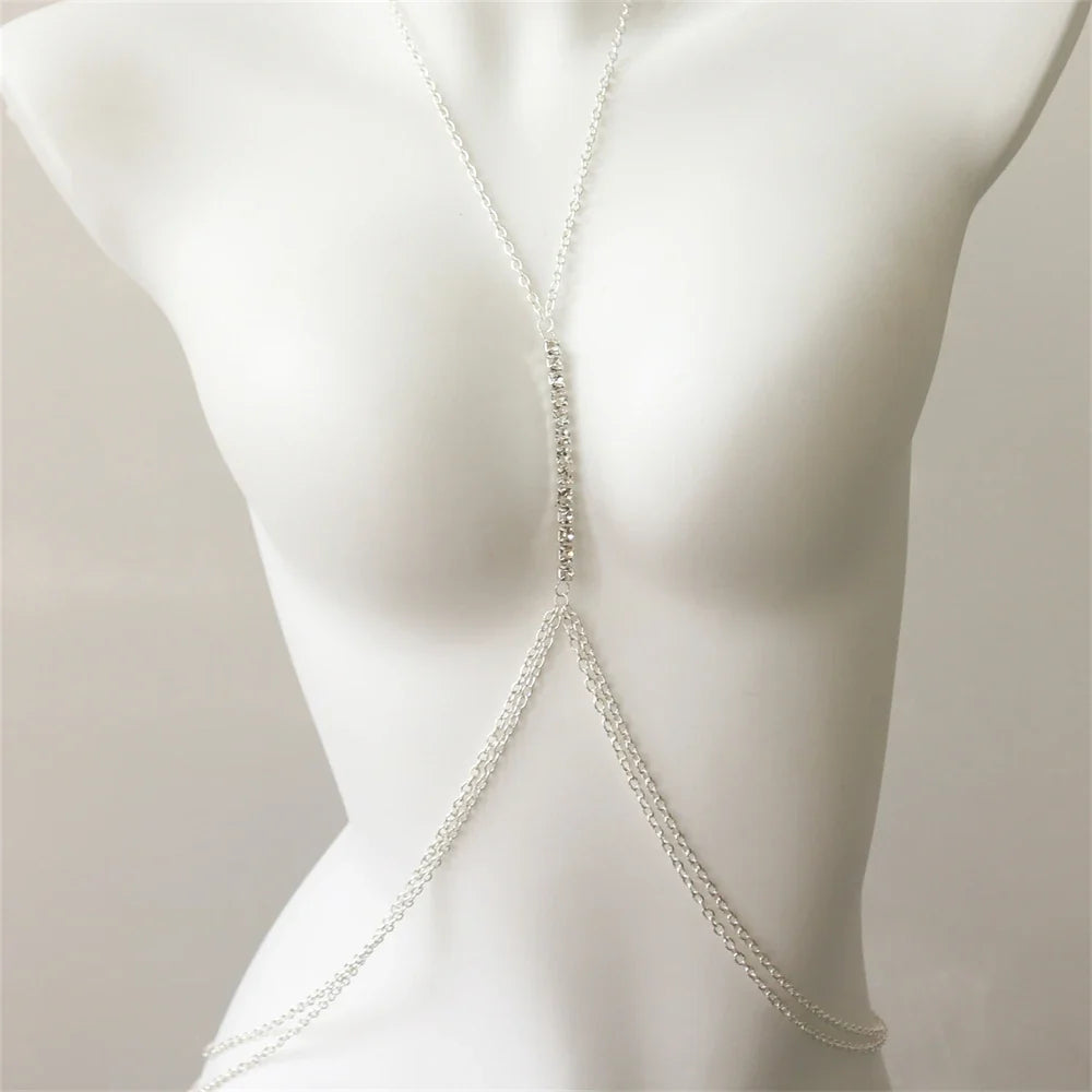 Gold rhinestone chest necklace for women, a luxurious body chain & fashion accessory with sparkling crystals.