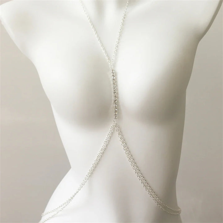 Gold rhinestone chest necklace for women, a luxurious body chain & fashion accessory with sparkling crystals.