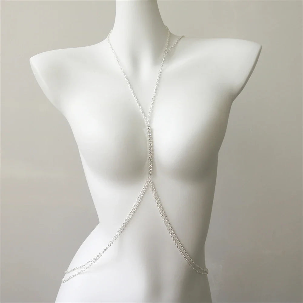 Silver rhinestone chest necklace, a dazzling women's body chain jewelry, perfect elegant statement piece.
