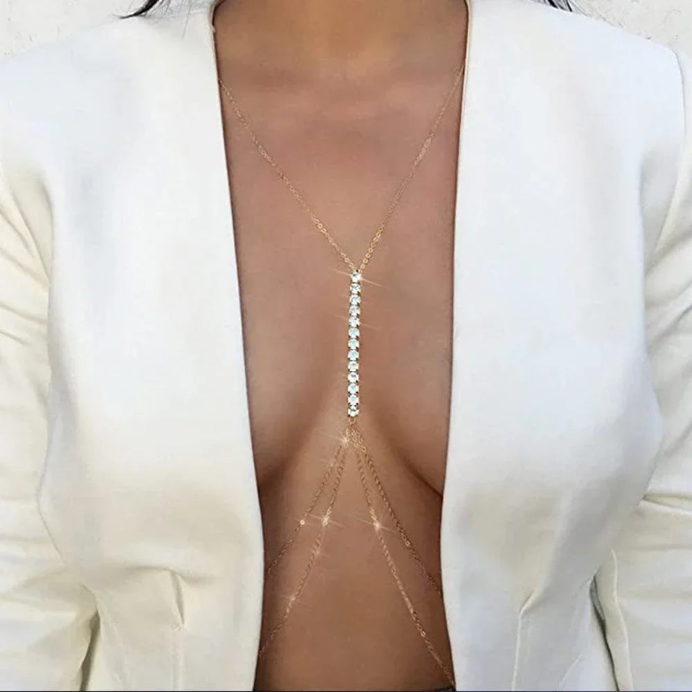 Sparkling rhinestone chest necklace, elegant women's body chain jewelry, perfect glamorous statement for parties.