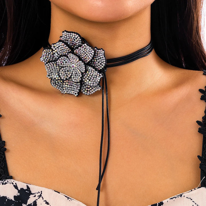 Sophisticated women's rhinestone rose choker necklace. A sparkling statement jewelry piece for elegant fashion.