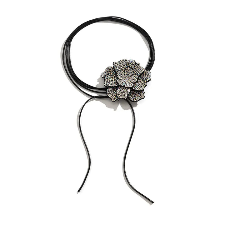 Full product view: elegant women's rhinestone rose choker. Fashionable crystal necklace, a statement jewelry piece.