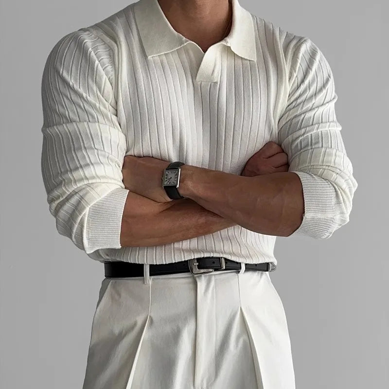 Elegant women's ribbed V-neck long sleeve polo shirt, slim fit & comfortable for versatile wear.