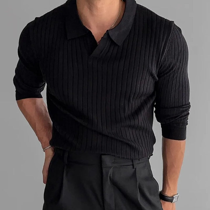 Textured ribbed women's V-neck long sleeve polo shirt, offering comfort & a chic look for any occasion.
