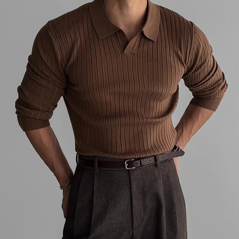 Comfortable women's long sleeve V-neck ribbed polo shirt, a versatile wardrobe staple for everyday style.