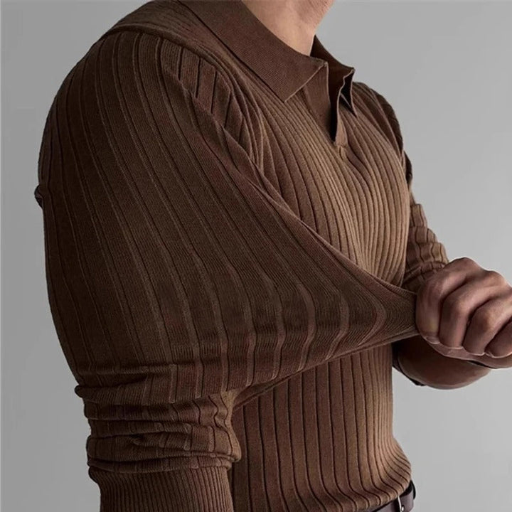 Chic women's ribbed V-neck long sleeve polo shirt, ideal for a refined yet casual women's fashion look.