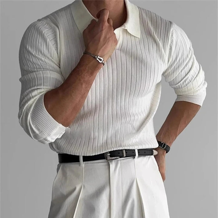 Women's slim fit ribbed V-neck long sleeve polo shirt, combining elegant design with casual comfort.