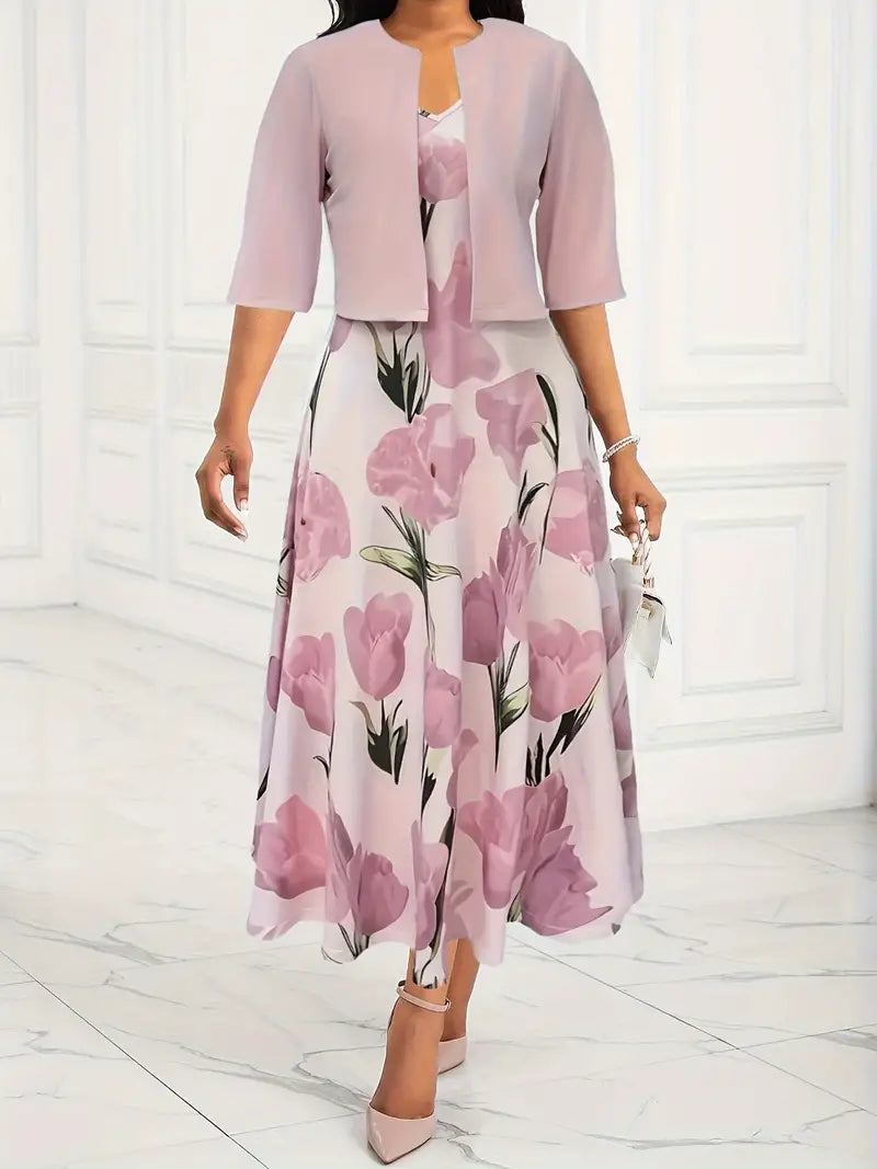 Elegant women's Rosalie floral maxi dress set with matching jacket, perfect for spring & summer occasions.