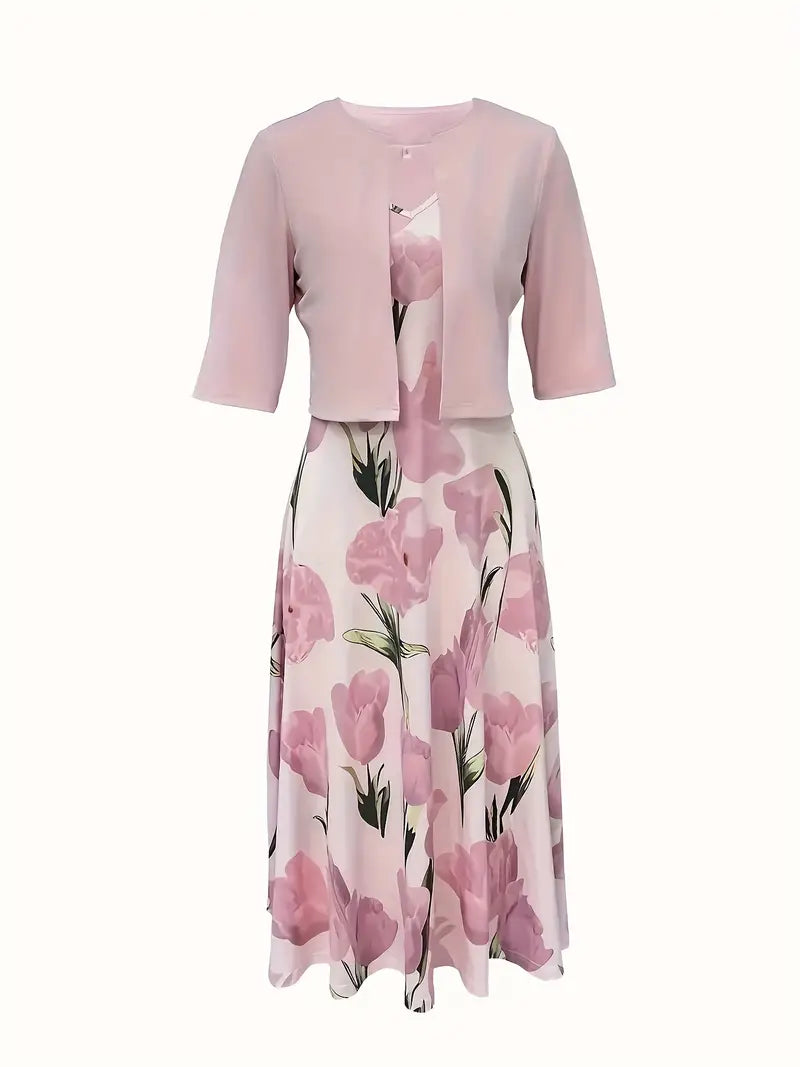 Women's pink floral maxi dress and jacket set. Elegant occasion dress for spring events & summer fashion.