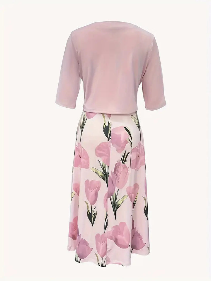 Rosalie women's floral maxi dress set with stylish jacket, a beautiful pink spring/summer outfit.