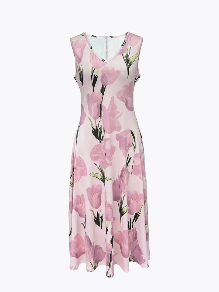 Full-length women's floral maxi dress & jacket set. Elegant pink dress, ideal for special occasions.