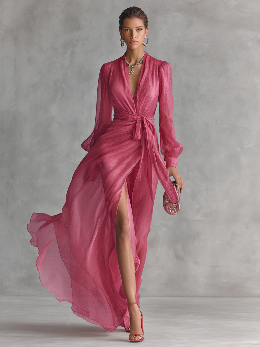 Rose pink tie-waist maxi dress for women. Elegant V-neck design, ideal for party, formal wear, or special occasion.
