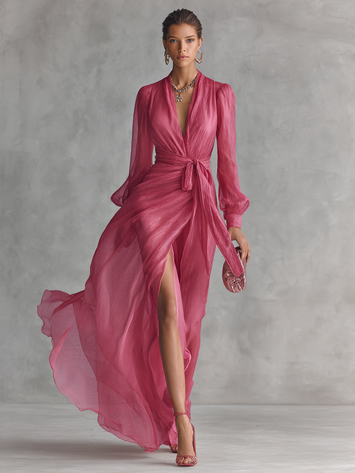 Rose pink tie-waist maxi dress for women. Elegant V-neck design, ideal for party, formal wear, or special occasion.