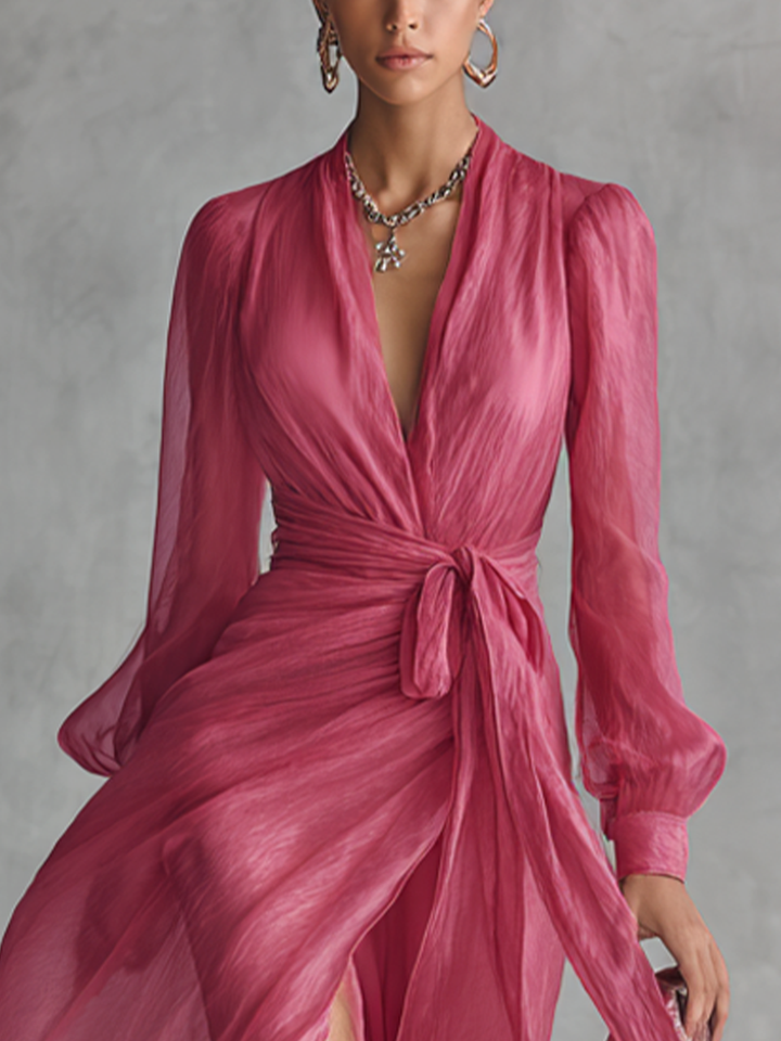 Flowy rose pink women's maxi dress featuring an elegant V-neck and stylish tie-waist. Perfect party or formal wear.