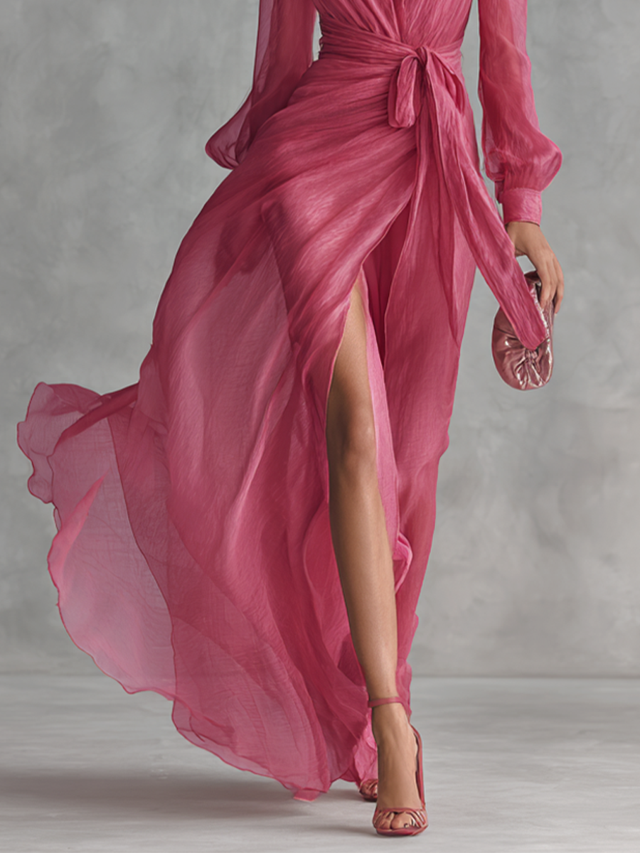 Women's elegant rose pink maxi dress with a flattering V-neck & tie-waist. Ideal for parties, formal wear, or events.