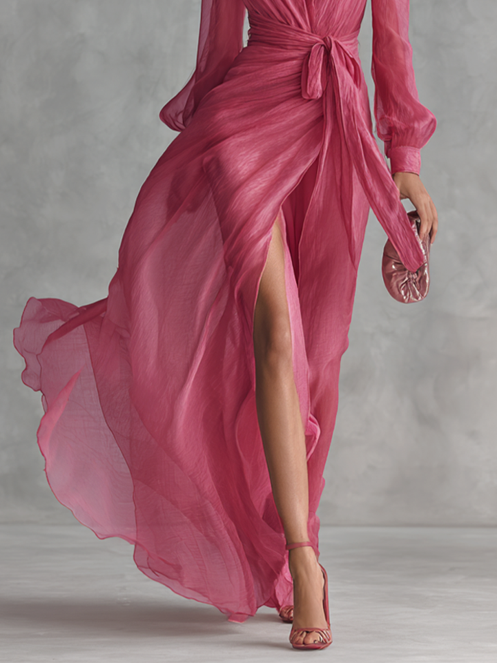 Women's elegant rose pink maxi dress with a flattering V-neck & tie-waist. Ideal for parties, formal wear, or events.