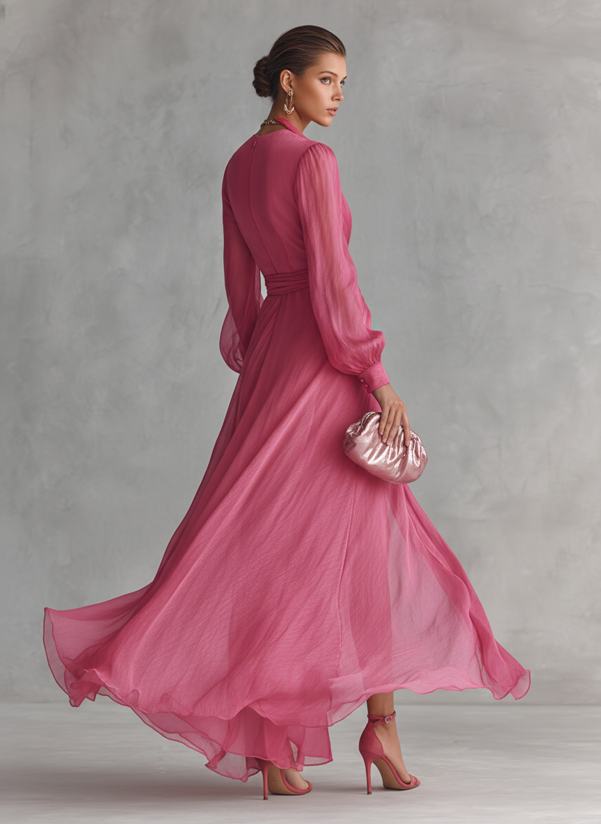 Formal rose pink V-neck maxi dress for women. Elegant tie-waist design, flowy fabric, perfect for special occasions.