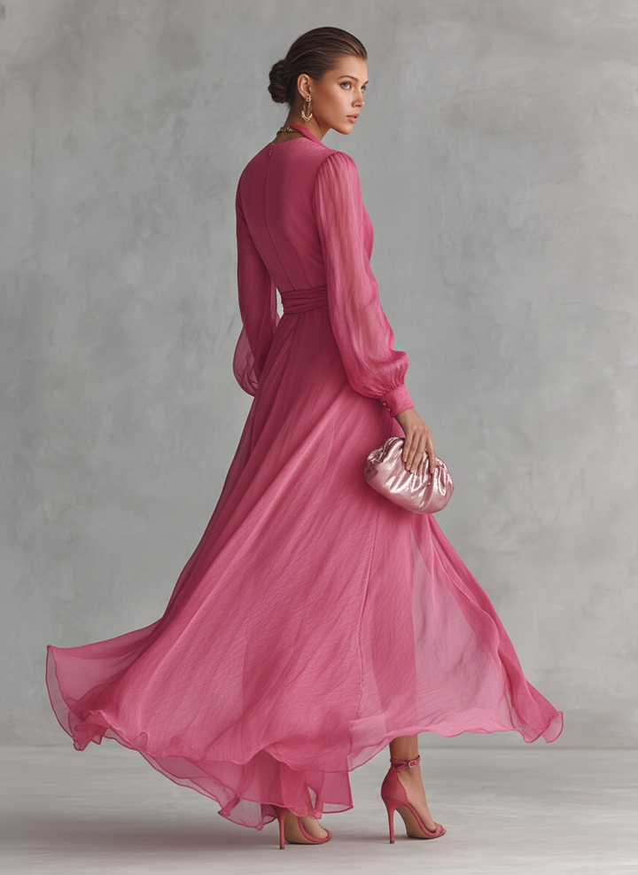 Formal rose pink V-neck maxi dress for women. Elegant tie-waist design, flowy fabric, perfect for special occasions.