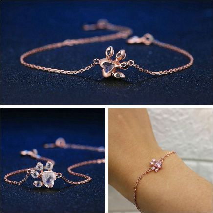 Adjustable rose quartz cat paw bracelet for women. Elegant pink gemstone jewelry gift, ideal for cat lovers.