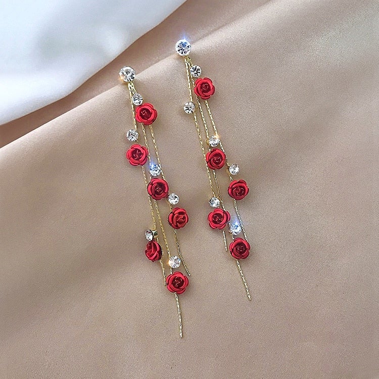 Beautiful Rosella women's waterfall rose drop earrings. Romantic red & purple flower jewelry, an elegant gift for her.