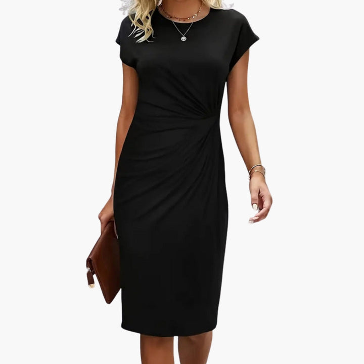 Elegant women's round neck short sleeve midi dress, perfect for office, evening, or casual wear.