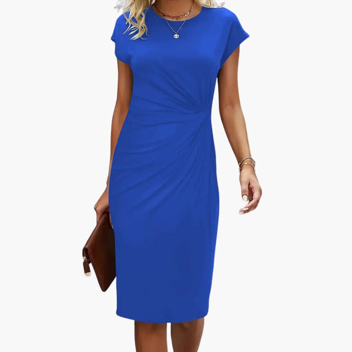 Sophisticated women's round neck short sleeve midi dress, a flattering choice for elegant office wear.