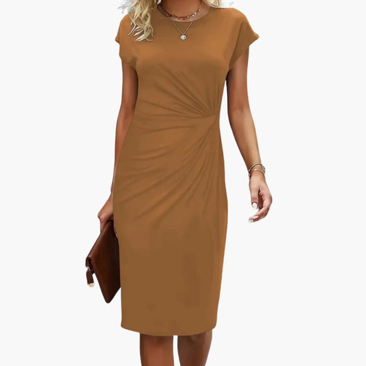 Chic short sleeve midi dress for women, featuring a round neck, perfect for versatile evening looks.