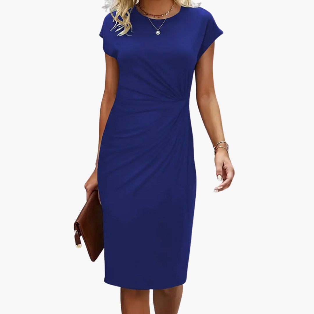 Comfortable women's round neck short sleeve midi dress, a stylish and easy-to-wear casual option.