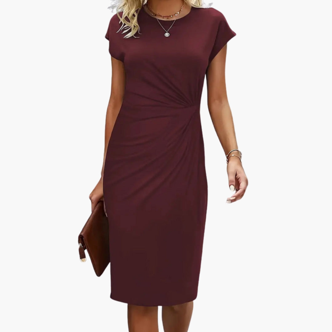 Women's short sleeve midi dress, elegant and versatile, a must-have round neck fashion staple.