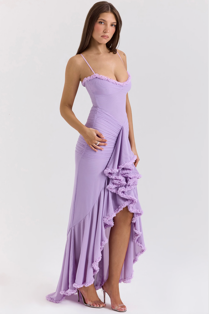 Elegant women's ruched ruffle dress featuring a stylish high-low hem. Perfect summer cocktail party attire.