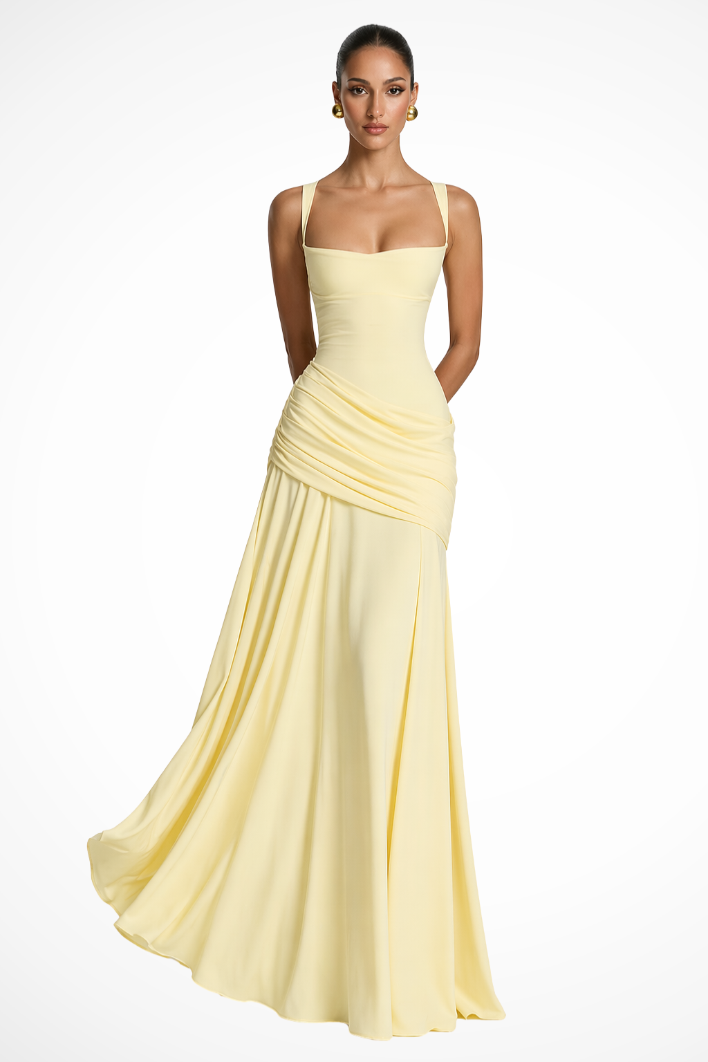 Formal long maxi dress for women with elegant ruching & spaghetti straps, ideal for evening events.