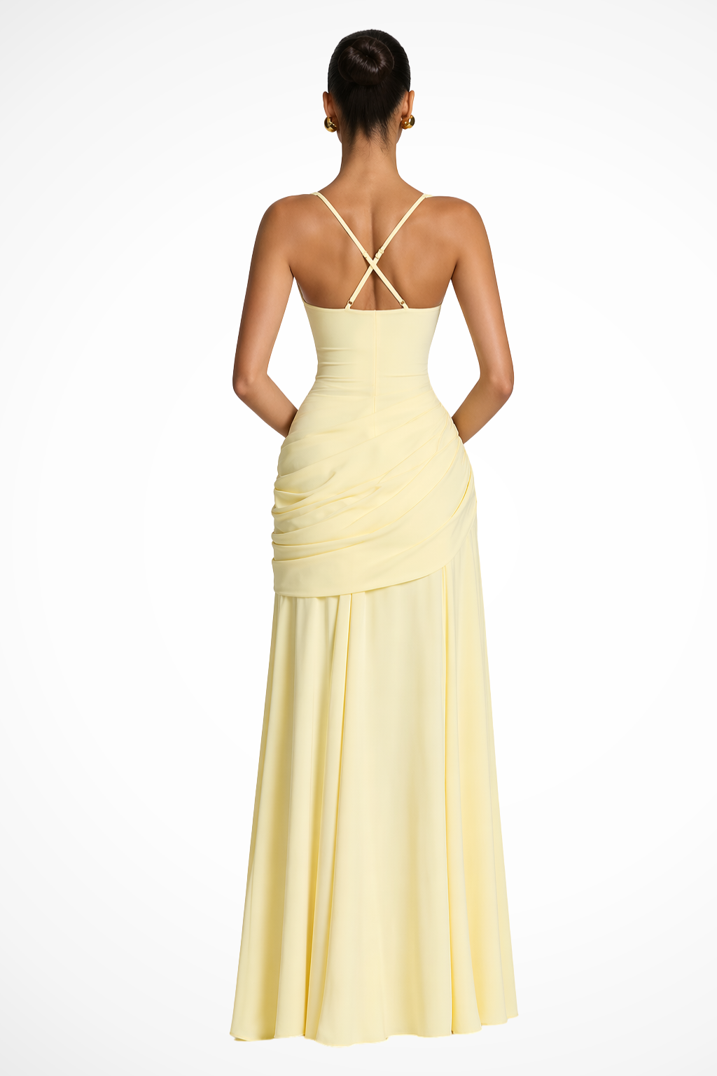 Stunning sleeveless women's ruched maxi dress with spaghetti straps, perfect for special occasions.
