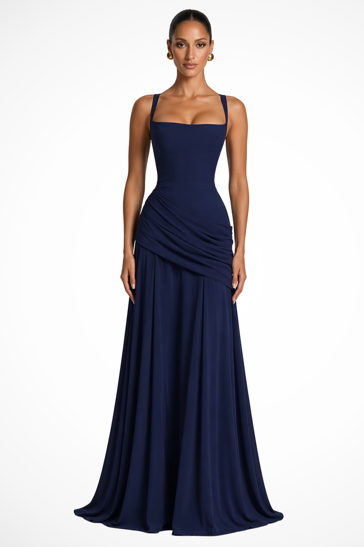 Flattering ruched spaghetti strap women's maxi dress, an elegant choice for evening parties & events.