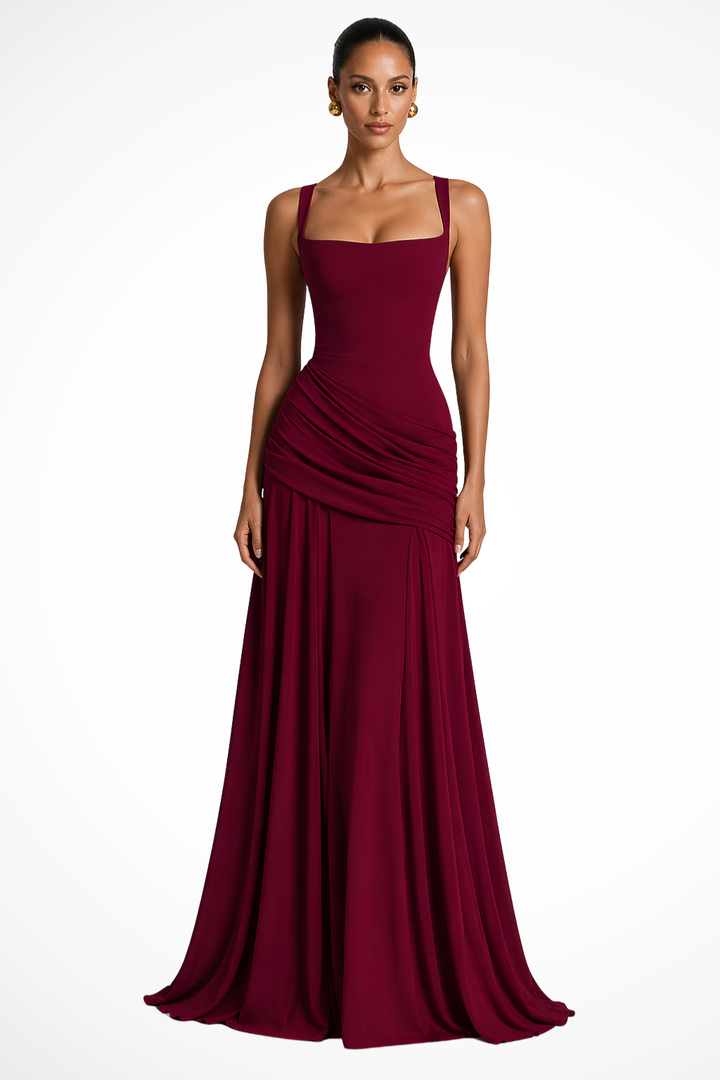 Chic women's elegant ruched maxi dress with spaghetti straps, a versatile long formal evening gown.
