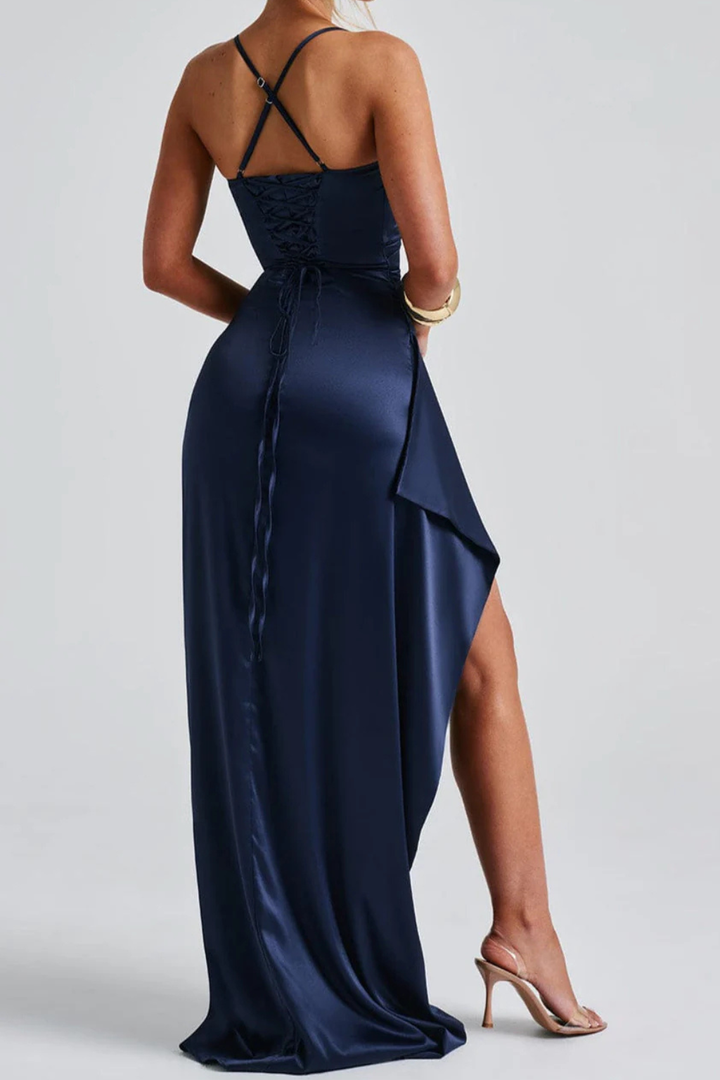 Stunning sleeveless blue ruched maxi gown for women, featuring a stylish split; perfect cocktail attire.