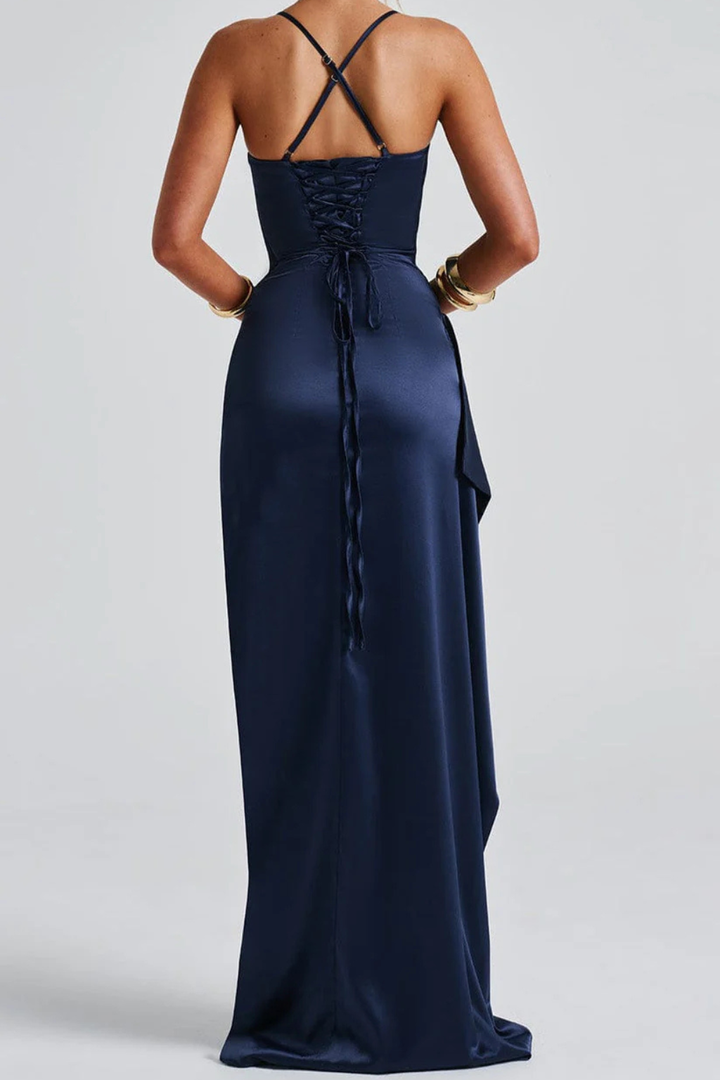 Sophisticated women's blue ruched maxi dress, an elegant formal gown with a split for special occasions.