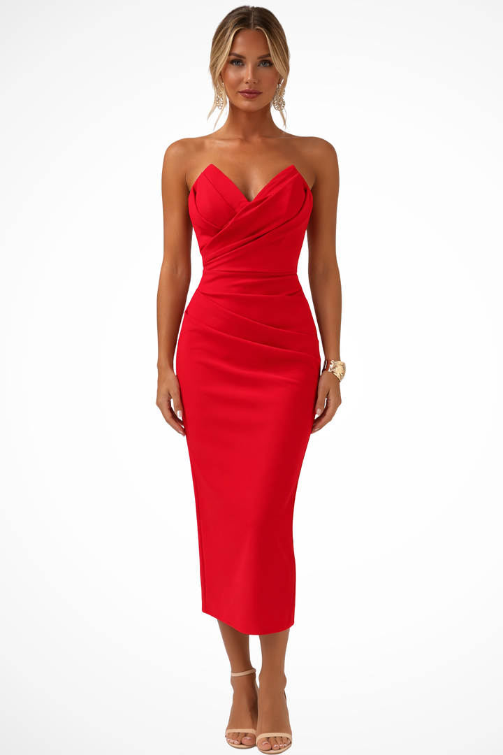 Stunning women's midi dress, ruched & fitted, featuring a romantic sweetheart neckline for cocktails.
