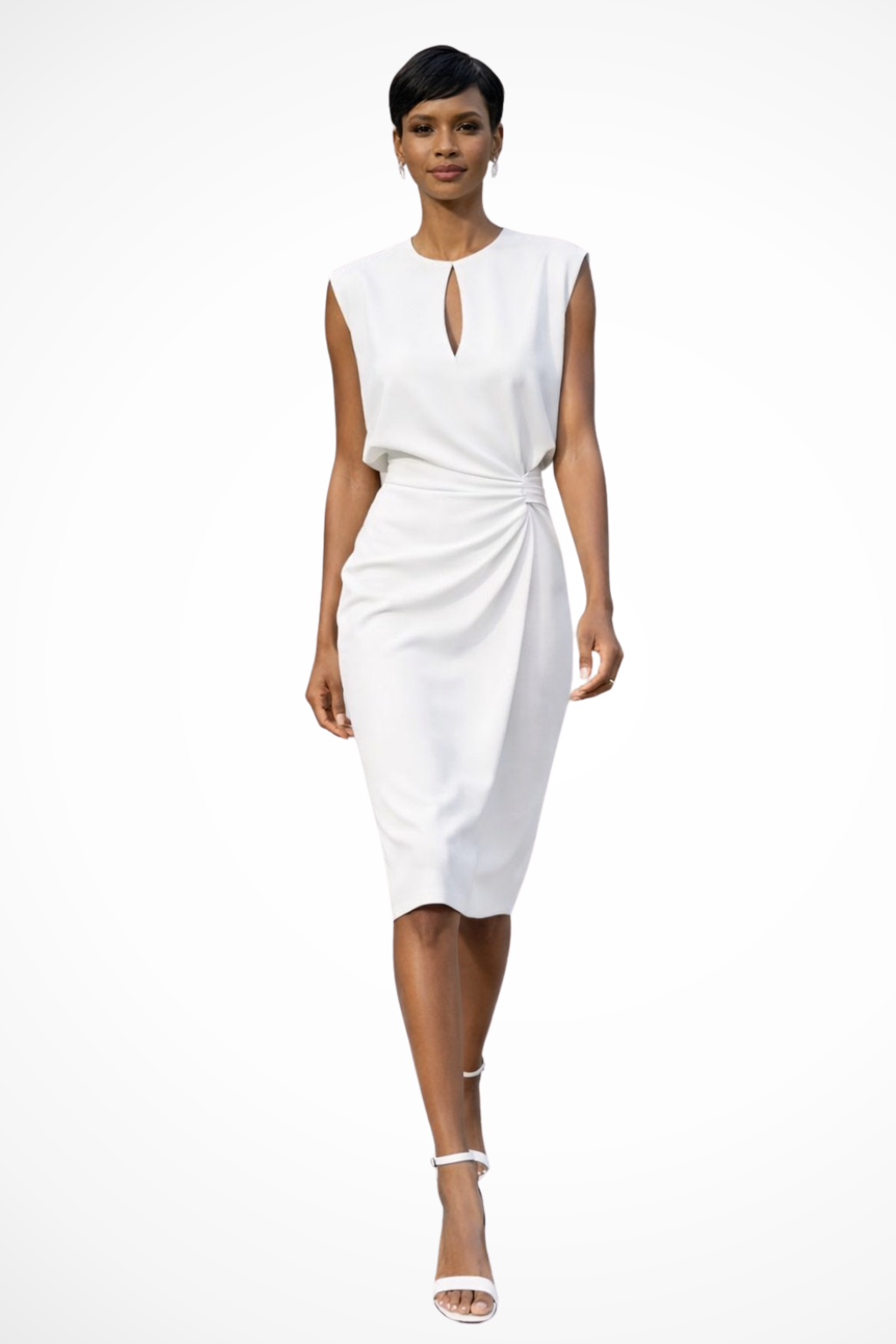 Feminine V-neck midi dress for women featuring elegant ruched detailing & cap sleeves, versatile for parties.
