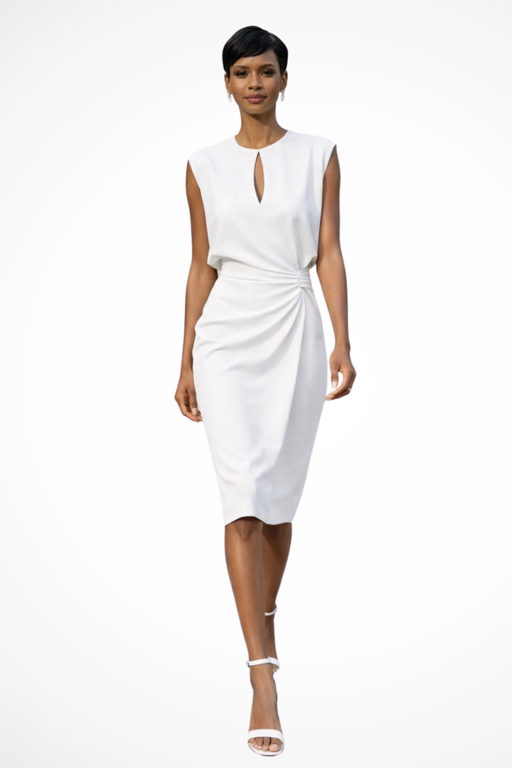 Feminine V-neck midi dress for women featuring elegant ruched detailing & cap sleeves, versatile for parties.