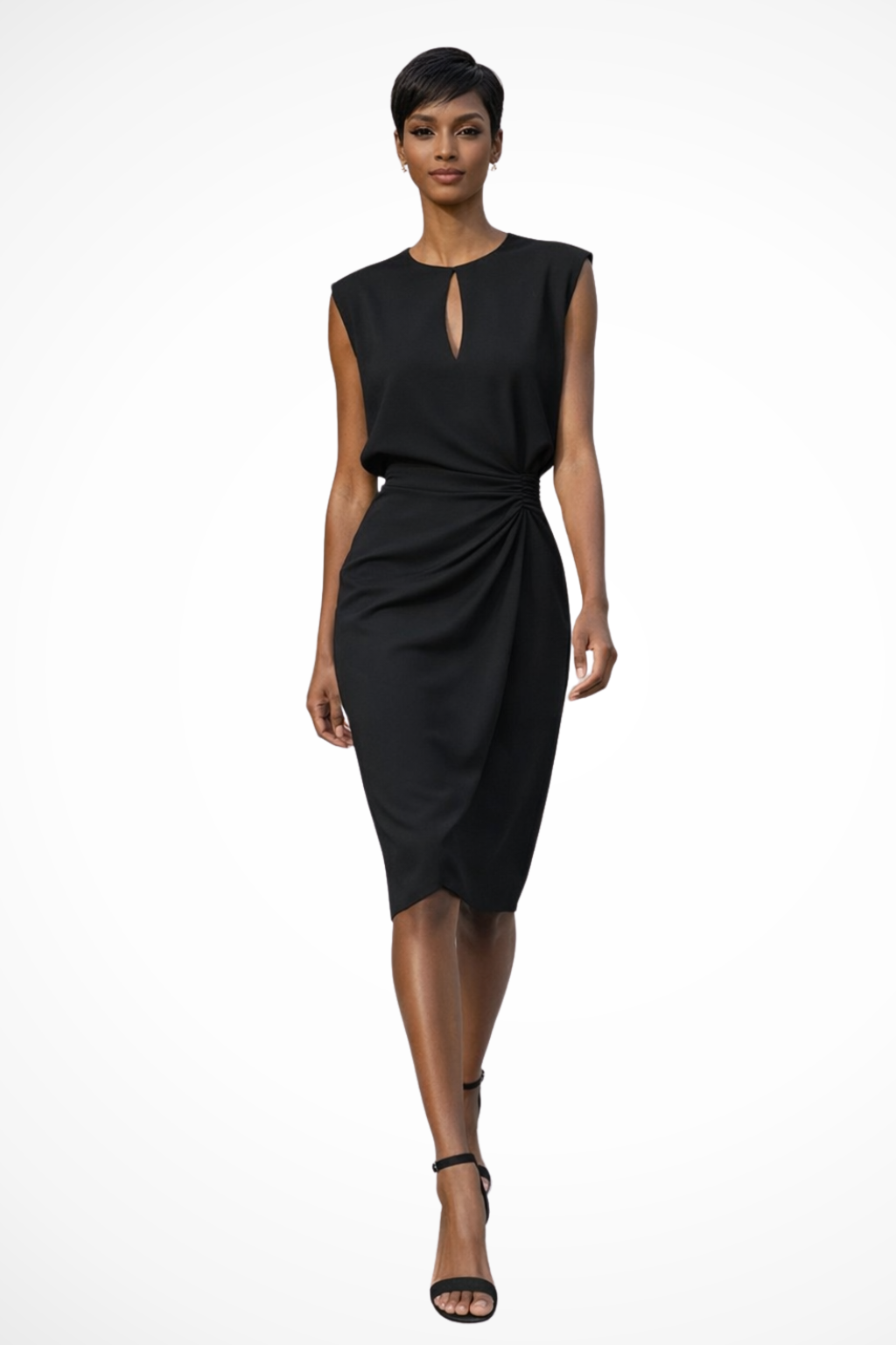 Chic women's wrap midi dress with ruched waist and cap sleeves, a sophisticated choice for any occasion.