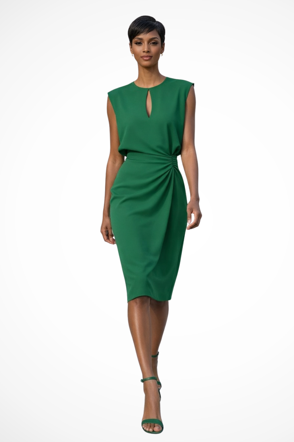 Versatile women's ruched wrap midi dress, featuring cap sleeves & V-neck, perfect for elegant party wear.