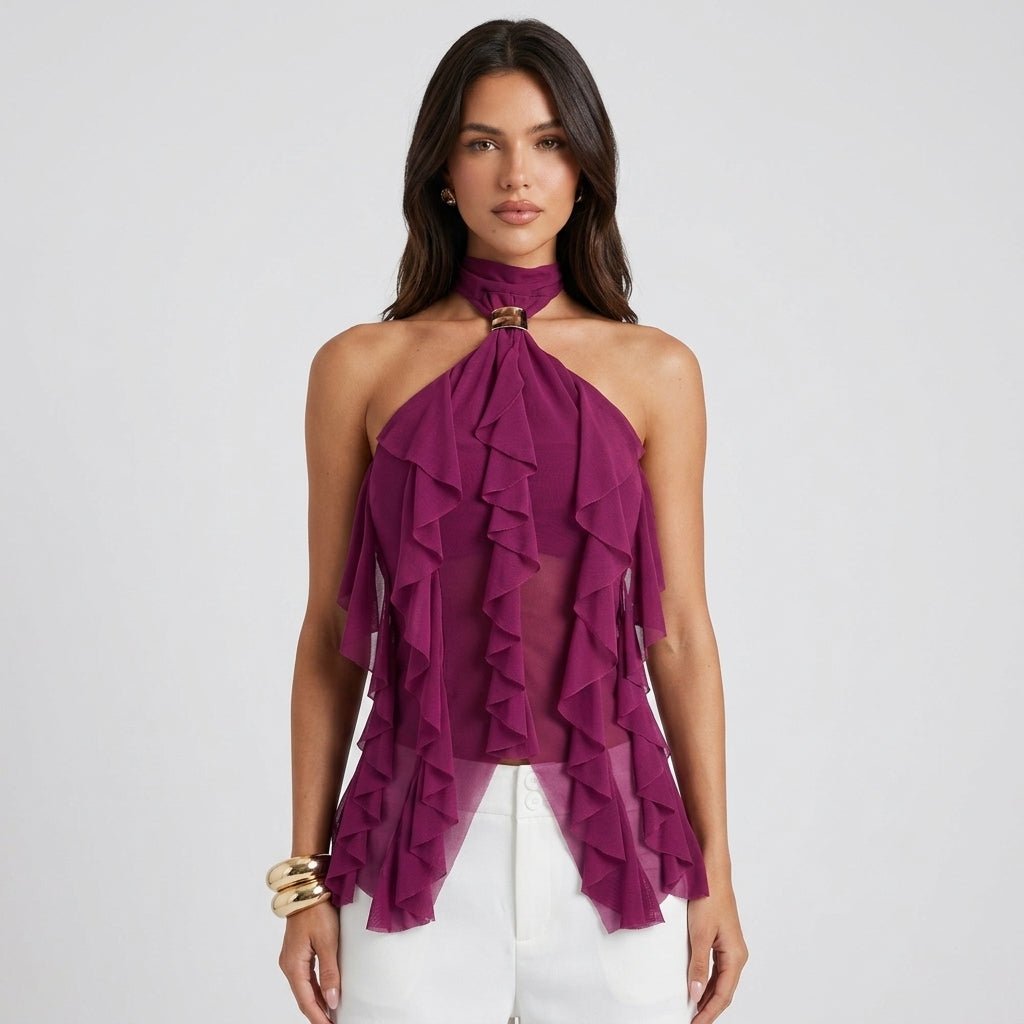 Elegant women's ruffle halter top, perfect sleeveless blouse for formal occasions.