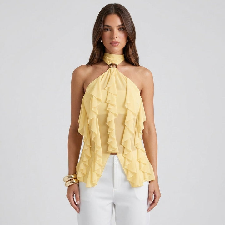 Sophisticated women's sleeveless blouse, an elegant ruffle halter top for evening wear.